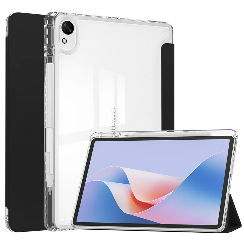 Enhanced Trifold Stand Tablet Case with Pencil Holder and Clear Acrylic Back Cover