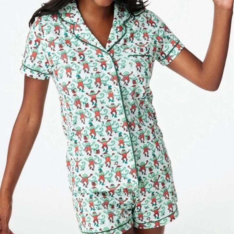 Kawaii Cartoon Print Lounge Pajama Sleepwear Women Short Sleeve Blouse Shirt Top + Shorts Y2K Vintage Comfy 2 Piece Set Outfits women pajamas set women pajama suit