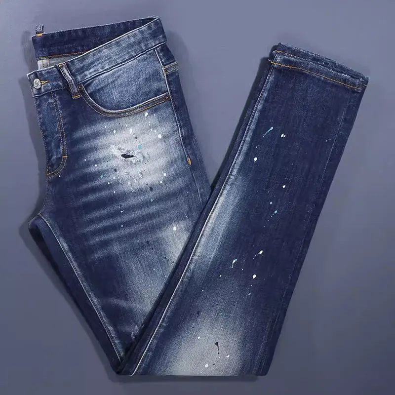 High Street Fashion Men Jeans Retro Blue Stretch Skinny Fit Painted Ripped Jeans Hole Patched Designer Vintage Brand Pants Homme
