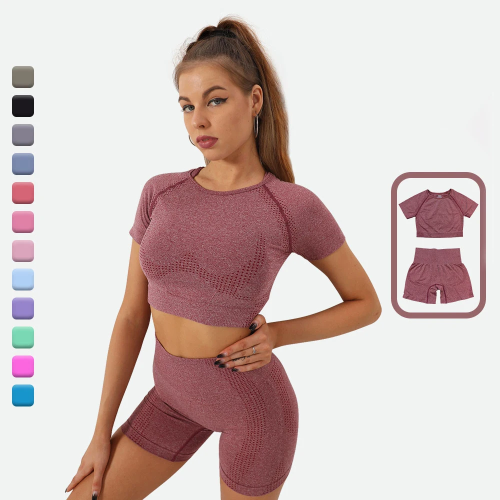 

2 Piece Women Sportswear Short Sleeve and Shorts Yoga Set Seamless Sports Running Shorts Top Gym Clothes For Women Workout Set