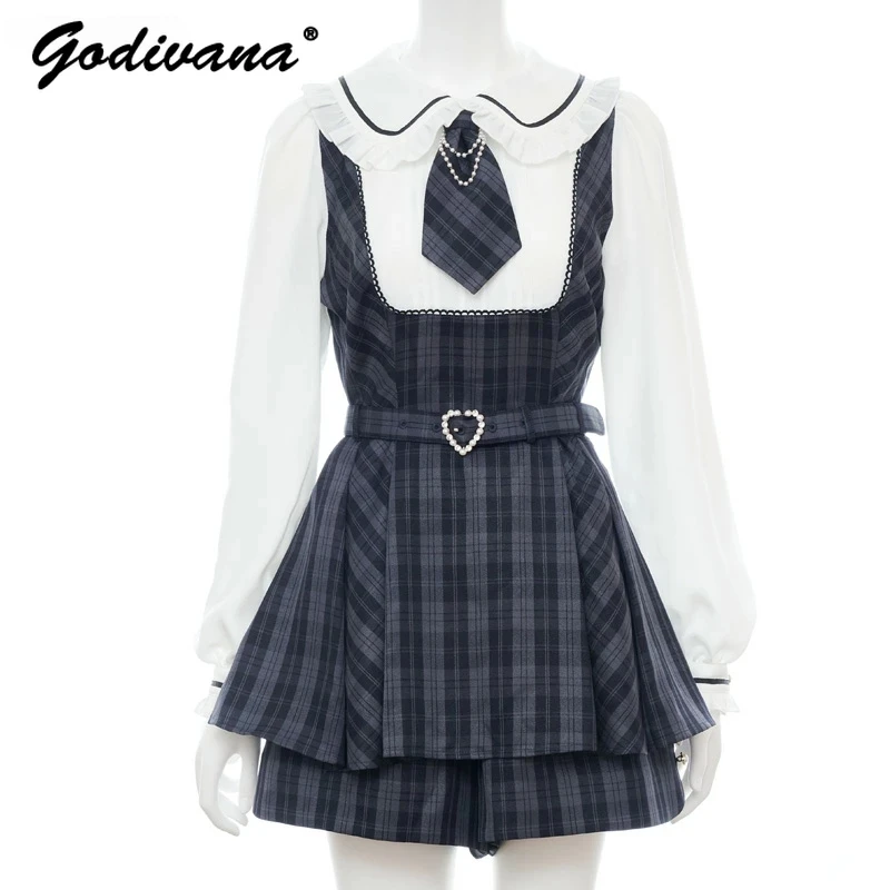

SC Dress Shorts Set Women New Autumn Tie Chain Belt Plaid Mine Series Mass-Produce Long Sleeve Shirt Dress Shorts Suit Culottes
