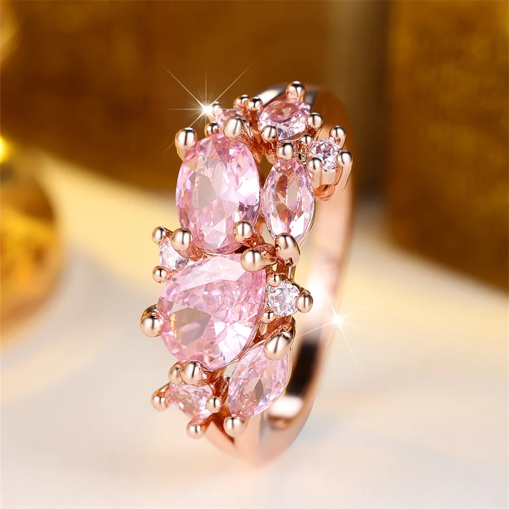 Cute Pink Crystal Water Drop Stone Rings For Women Vintage Rose Gold Color Engagement Ring Wedding Jewelry Bridal Versatile Gift