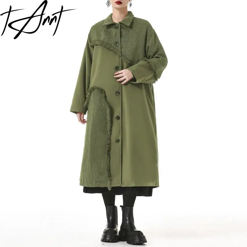 

Tannt Women Woolen Coat Tassels Patchwork Asymmetry Long Wool Overcoat Black Armygreen Fashion Winter Long Overcoat 2023 New