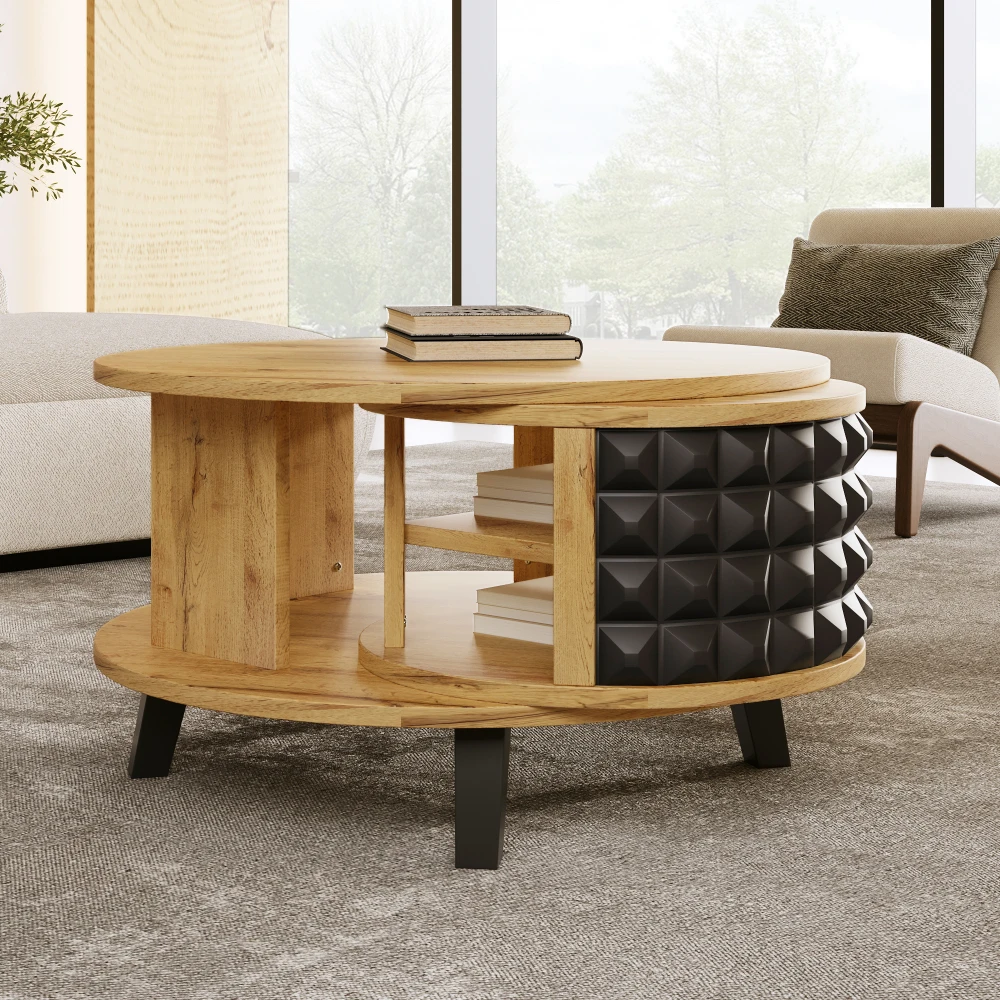 Moderner Wohnzimmer-Couchtisch mit drehbarem Ablagefach und verstecktem Innenregal, Beistelltisch, zweistufigem Tischplatte-Design – Detail 8