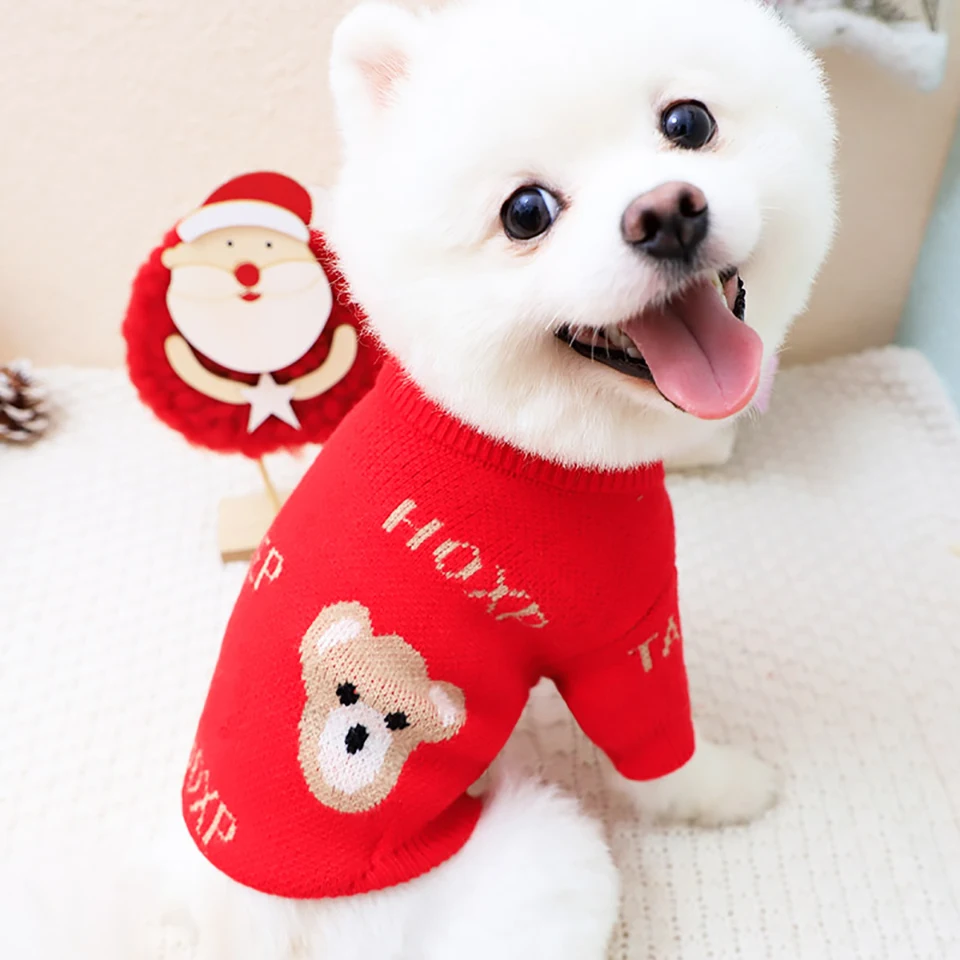 New-Year-Dog-Clothes-Red-Festive-Puppy-Sweater-Pet-Cartoon-Pullover-Bear-3-Knitwear-Autumn-and.jpg Újévi Kutya Ruhák Piros Ünnepi Kiskutya Pulóver Kisállat Rajzfilm Pulóver Medve 3 Kötöttáru Őszi És Téli Melegebb, Mint A Medve - Image 4