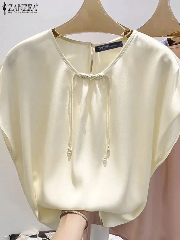 

Винтажная женская блузка ZANZEA, корейские топы на пуговицах в виде лягушки, элегантная однотонная ретро туника с рукавом реглан, летняя повседневная Свободная блузка 2024