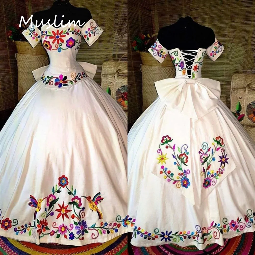 Charro Mexican Vestido de 15 Quincea&ntilde;eras Colorful Embroidery Off Shoulders Ball Gown Corset Costume Birthday Xv Customized