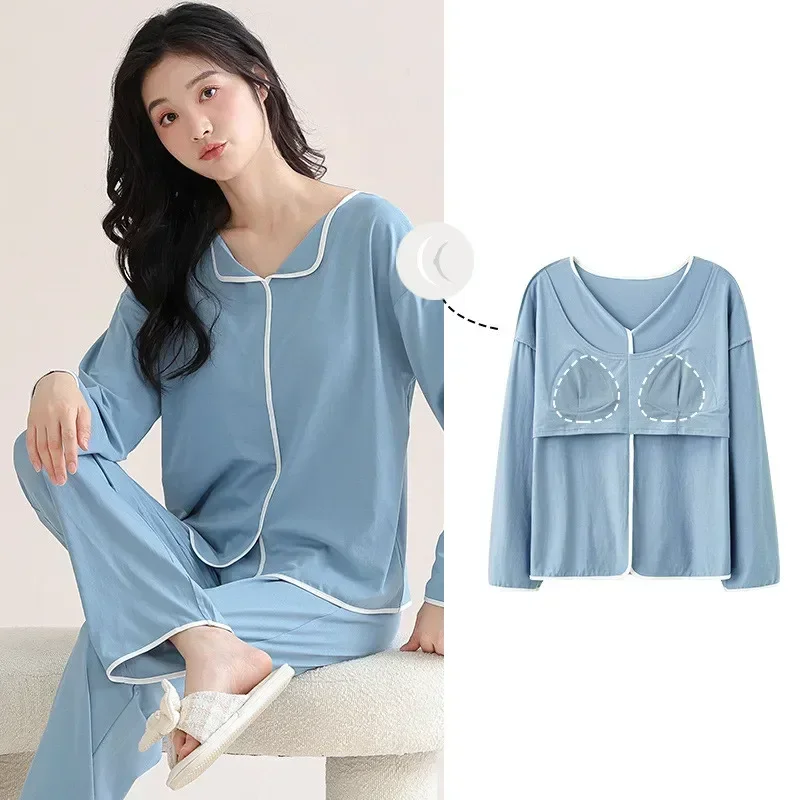 

Feminino Autumn Modal Long Pijama Chest Suit Clothes Ladies Women Comfortable Sleepwear Sleeves Pads Home Winter Set Pajamas