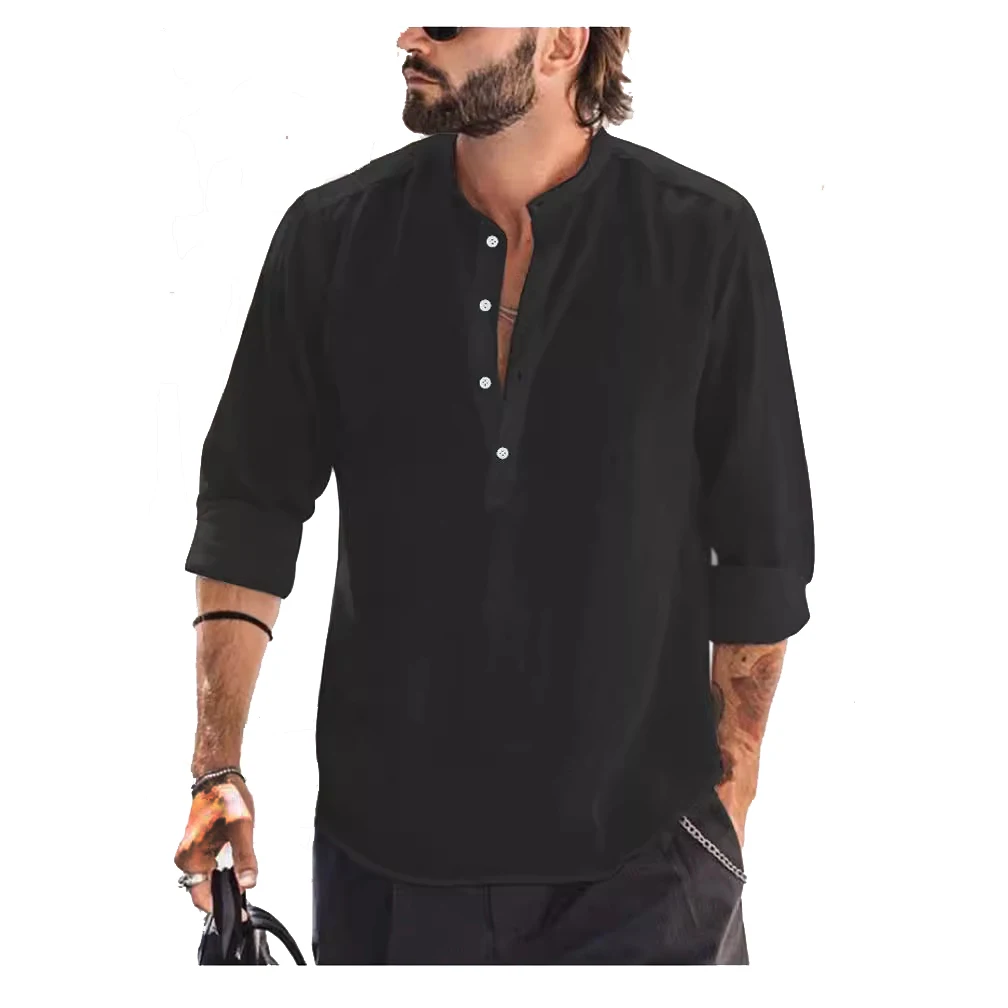 

Рубашка мужская с воротником-стойкой, Повседневная блузка из хлопка и льна, с длинным рукавом, однотонная одежда