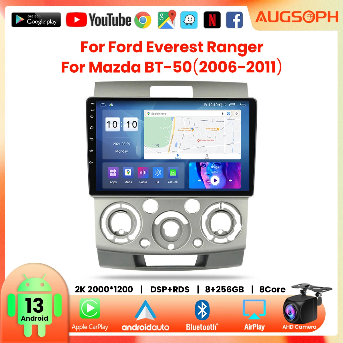 

Автомобильный радиоприемник Android 13 для Ford Everest Ranger Mazda BT50 BT-50 2006-2011, 9 дюймов 2K мультимедийный плеер с 4G Car Carplay & 2Di