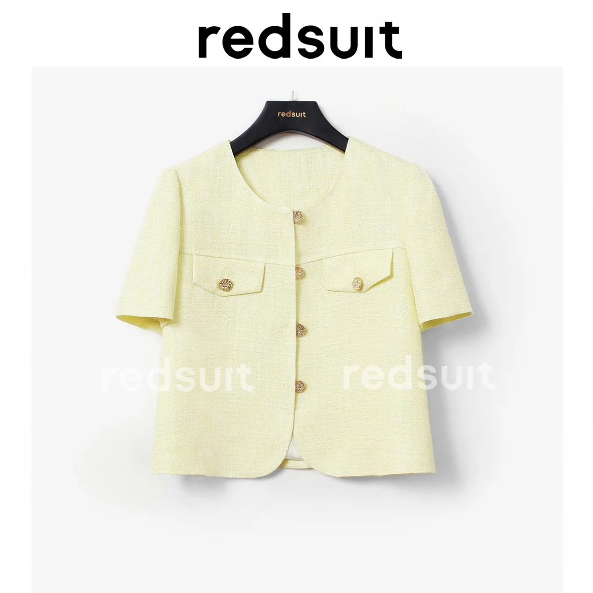 

Is Light, Thin, and Slim, White, and Fragrant. Short Sleeved Jacket with Bright Yellow Versatile Round Neck