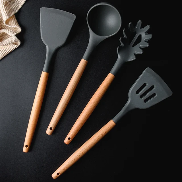 Set Kitchen Utensils Silicone Wooden Handle  Silicone Spatula Set Cooking  - Silicone - Aliexpress