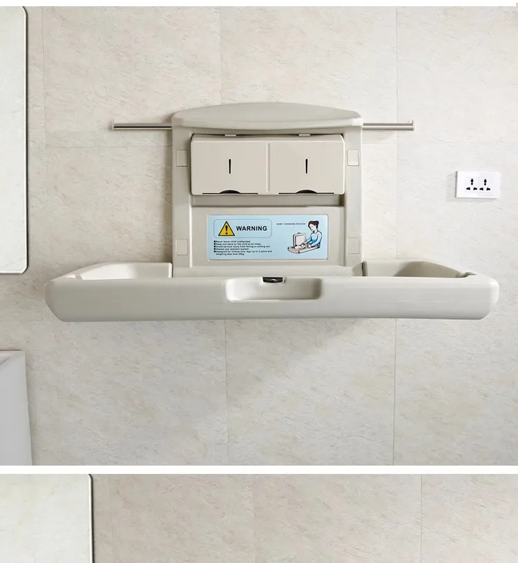 Y  The third bathroom care desk is wall mounted, with a children's diaper changing table and a foldable bathroom safety chair 4