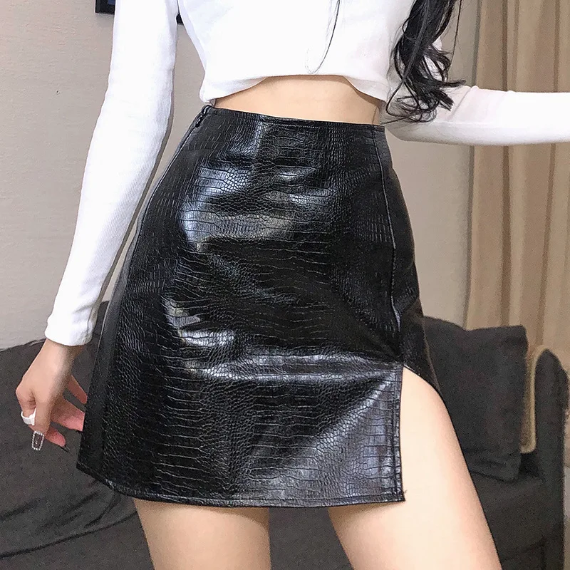 pleated midi skirt SANGMAY Fashion Faux Leather Crocodile Pattern A-Line Skirt Women Sexy Slim Side Slits Skirt hoop skirt