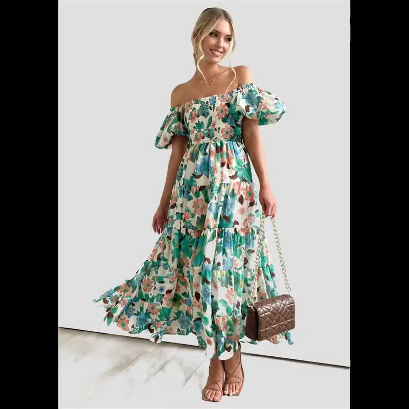 Летнее модное платье с принтом сексуальное открытыми плечами и