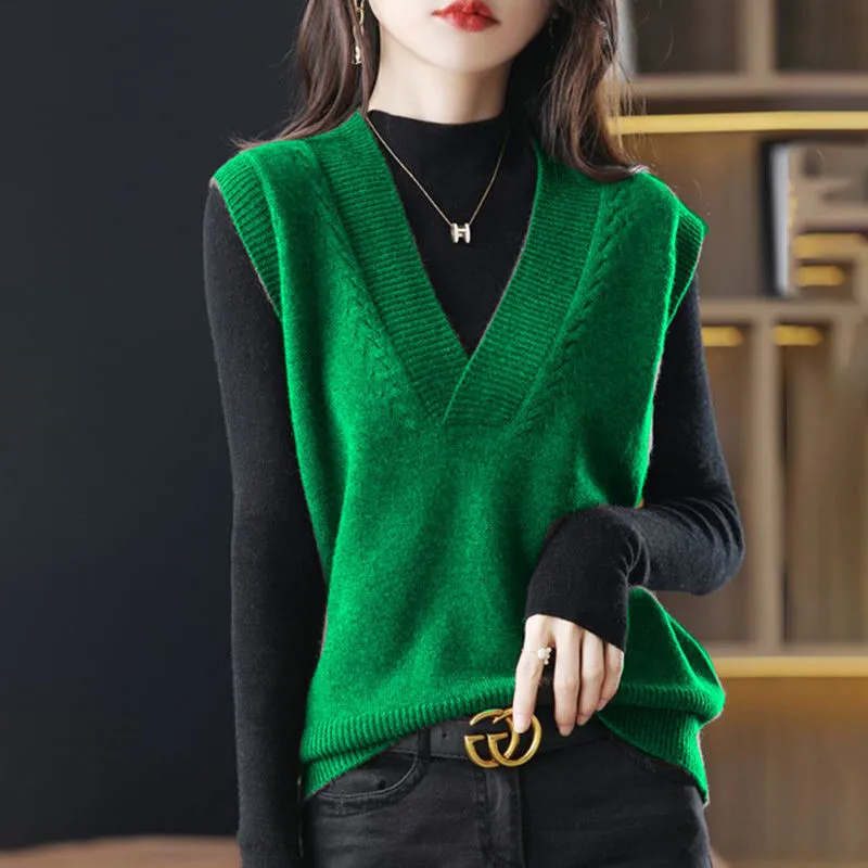

Spring Autumn Women Knit Sleeveless Pullovers Casual Cashmere Sweat Vest Female Outwear Chic Wool Loose All Match Knitwear H097