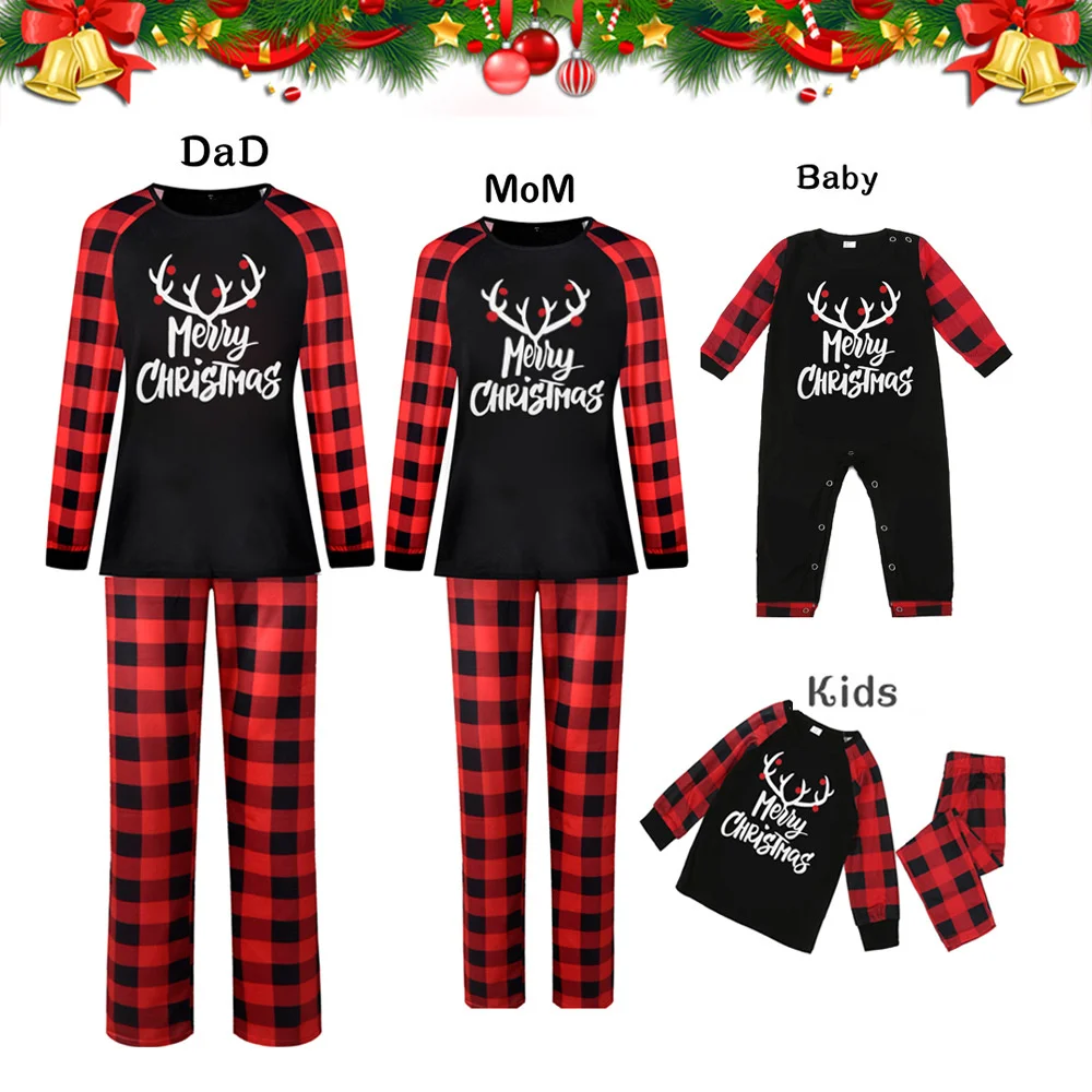 

New Family Christmas Nightwear Set Deer Plaid Parent-child Pajama Set Santa Matching Long Sleeve Keep Warm Sleepwear Homewear
