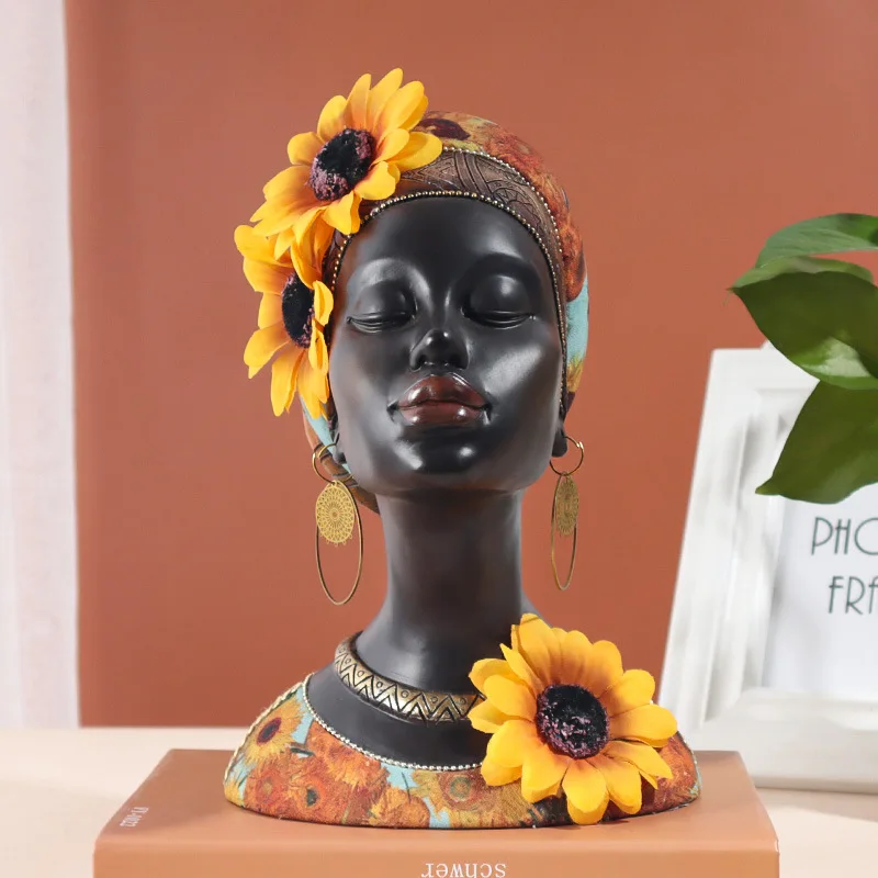 

New Style Craft Gifts African Inspired Sunflower Black Girl Hold Baby Head Statue Home Decor Resin Sculpture Interior Decoration
