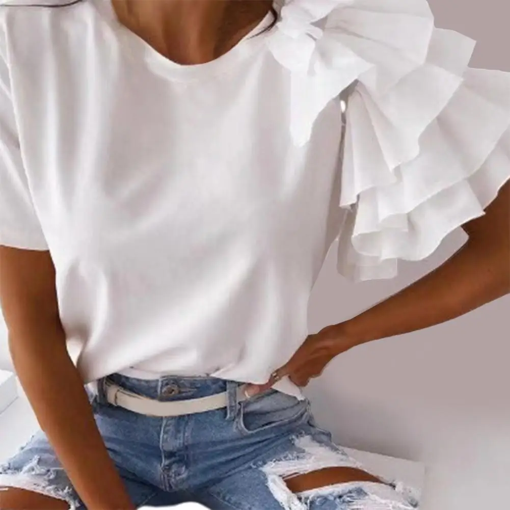 

Casual Female T-shirt O-neck Anti Pilling Stretchy Breathable Women Top Layered Ruffle Short Sleeve Lady Shirt Blouse Streetwear