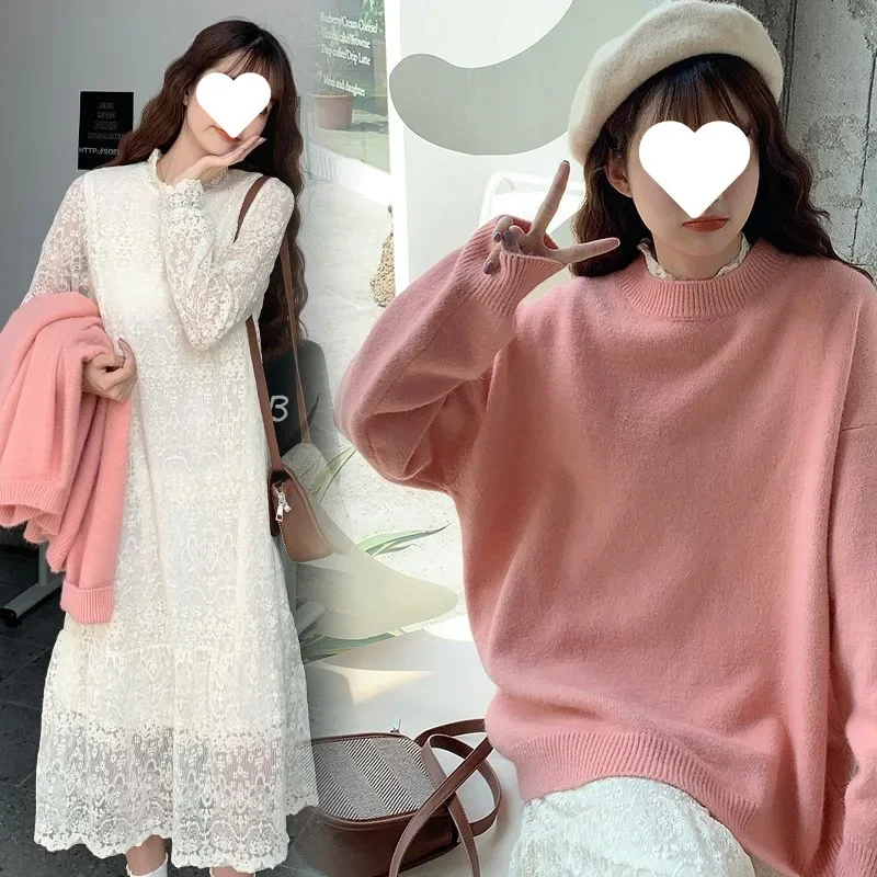 임산부 패션 세트 트렌디 스웨터 2 종 세트, 세련된 웹 레드 원피스, 계절 의류