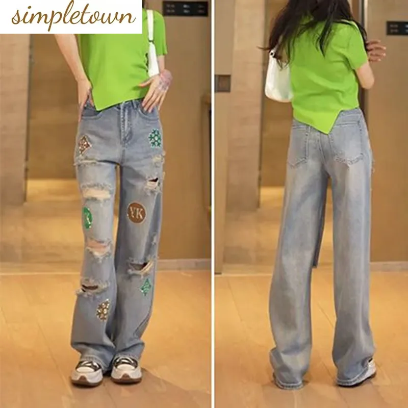 2023 Summer New High Waist Perforated Jeans Female Personality Beggar Pattern Loose Straight Retro Wide Legs