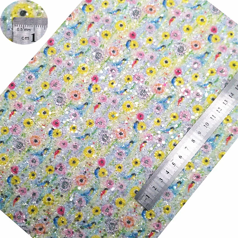 Stripes Printed Faux Vinyl Fabric Floral Glitter Shiny Synthetic Leather-Glitter Vinyl for Handbags Jackets & DIY Crafts L032