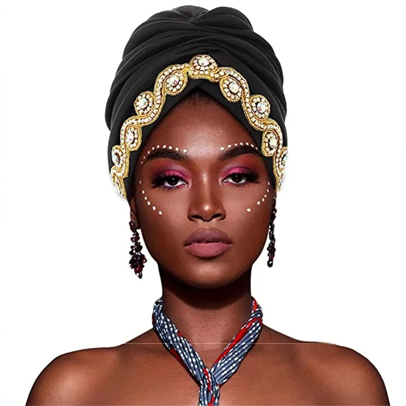 цена Shinning Stone Pleated Turban Cap for Women Soild Color India African Headwrap Muslim Headscarf Bonnet Ladies Luxury Beanies Hat