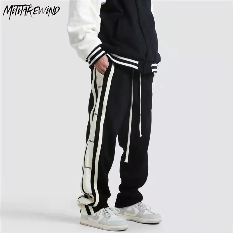 

High Street Side Stripe Stitching Sweatpants Streetwear Men Harajuku Loose Straight-Leg Casual Pants Drawstring Trousers Unisex