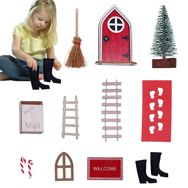

Wooden Dollhouse Furniture Set Miniature Christmas Doors Wooden 1:12 Dollhouse Furniture 11pcs Fairy Doors Multipurpose