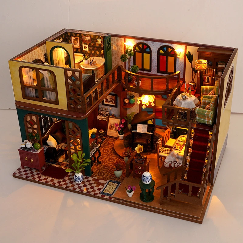 DIY Wooden Miniature Model Kit European Villa Casa 3D Puzzle Dollhouse With Furniture Lights Home Decor House for Friends Gifts 2