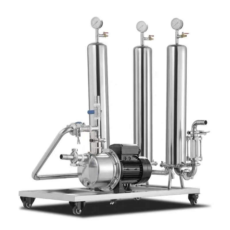 

Filter Supply [3 Stages Vodka Filtration System] Stainless Steel Cartridge Vodka Filter Housing Machinery with Pump Trolley