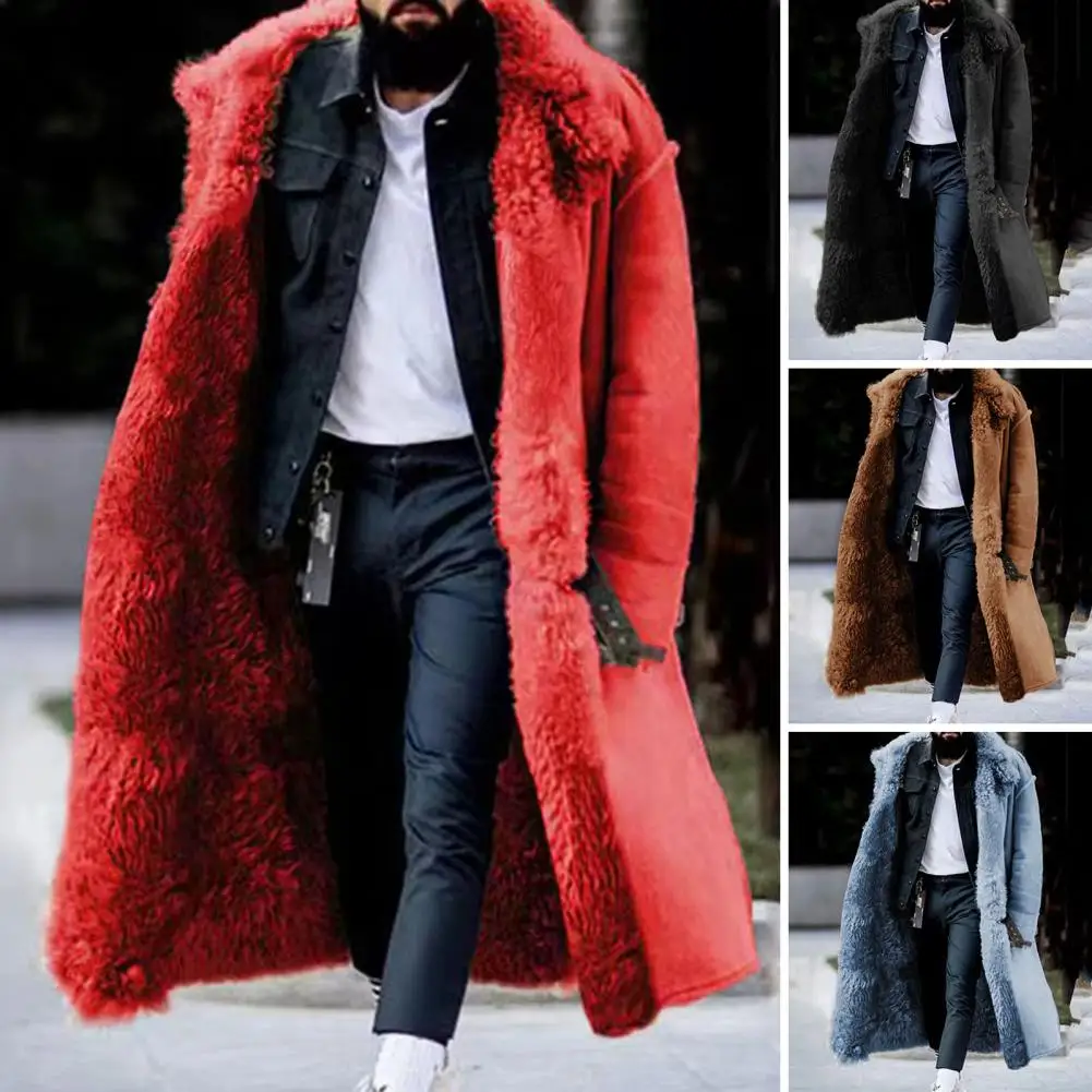 

Men Long Faux Fur Winter Coat Soft Plush Solid Color Long Sleeve Single-breasted Lapel Outdoor Mid Length Thick Warm Jacket