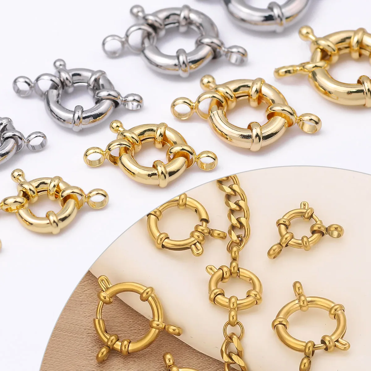 Elegant White & Gold Round Spring Clasp Hooks