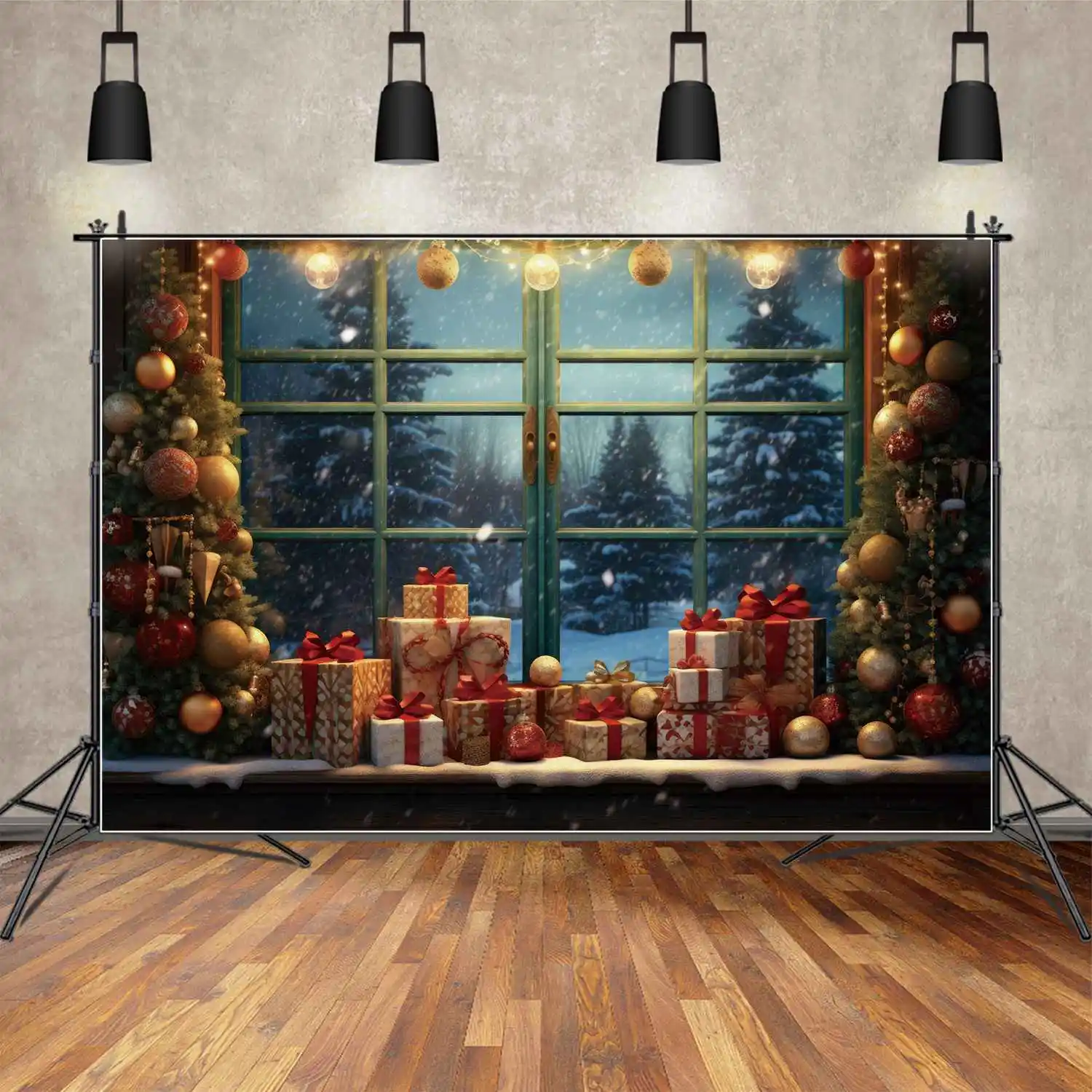 Moon.Qg Photography Fondale Snow Christmas Gold Balls Gift Pine Tree Home Studio Background Window Party Decoration Photo Booth