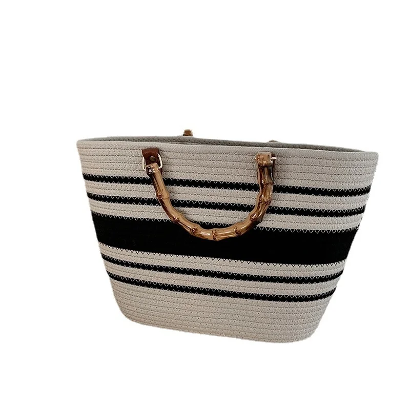 New Imitation Bamboo Knot Handbag Cotton Thread Tote Woven Women's Bag Mommy Large Capacity Straw Woven Bag Handle Bag