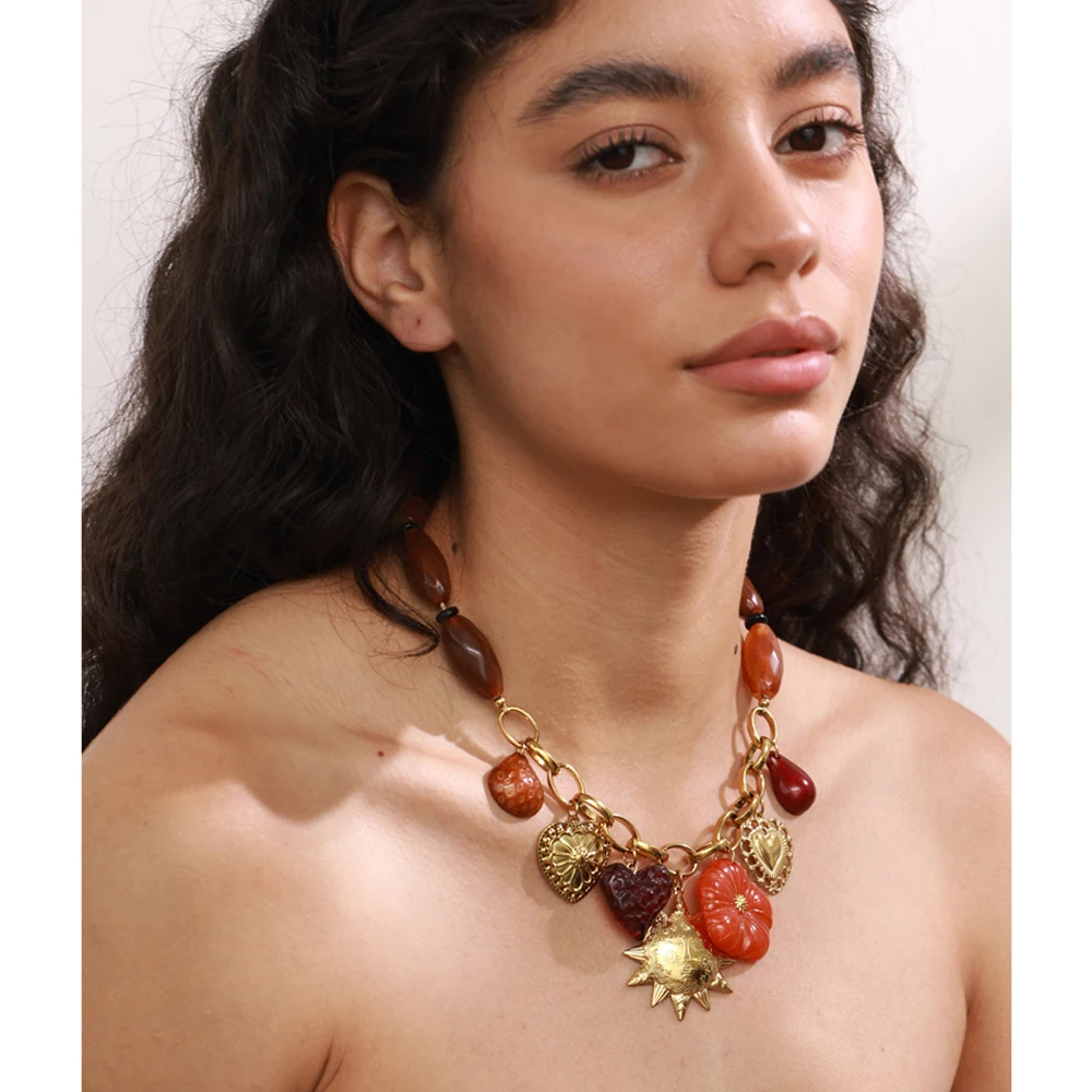 Yhpup Resin Chain Necklace Trending Heart Flower Sun Charm for Women