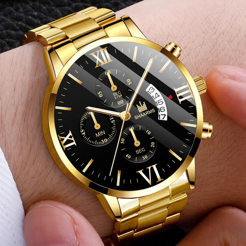Luxury Men's Quartz Watch Men's Stainless Steel Gold Black Calendar Date Watch Male Clock Relogio