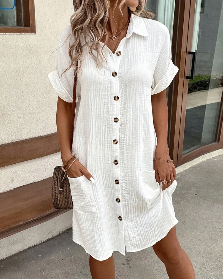 

2024 Summer Casual Vacation Women's Dress Solid Buttoned Turn-down Collar Short Sleeve Pocket Design Straight Mini Shirt Dress