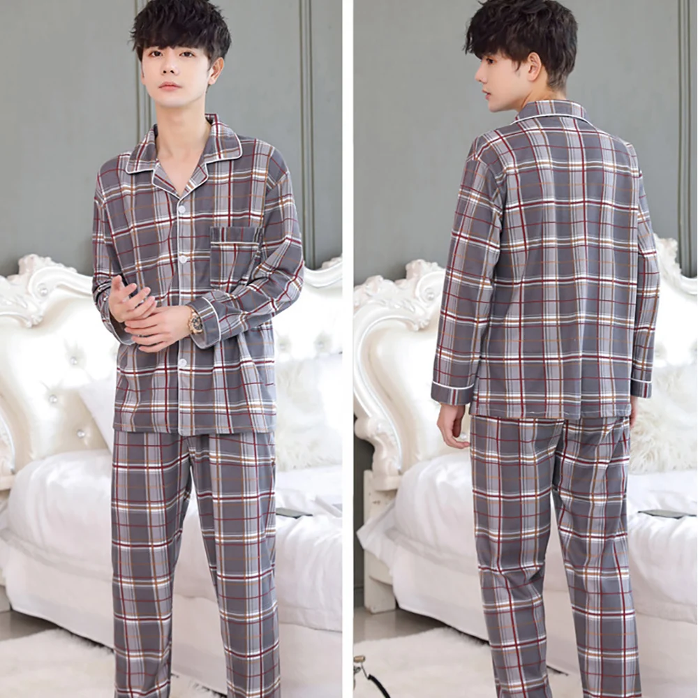 Spring Summer Long Sleeve Sleepwear Plaid Pants Trendyol Home Pajamas for Men Casual Cardigan Pajama Sets pijama hombre verano
