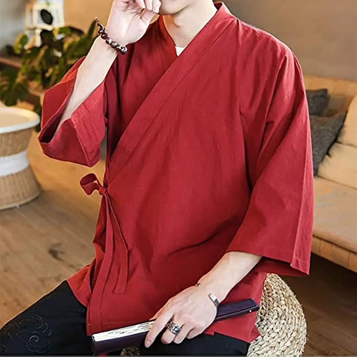 Men's Chinese Style Linen Cardigan Jacket Loose Kimono Jacket Solid Color Self-tie Hanfu Traditional Clothing 5XL