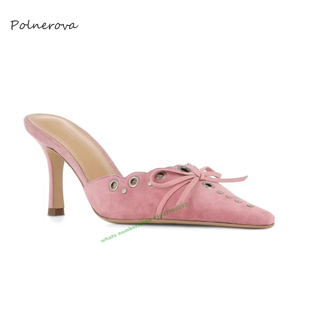 Pink Suede Pointed Toe Slippers Middle Heel Butterfly Knot Slippers Outside Dress Banquet Shoes for Women 2023 Summer Newest