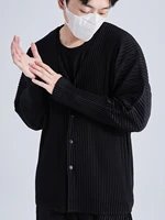 Miyake Pleated Men V-Neck Jacket Coat Collarless Single Breasted Long Sleeve Solid Color Cardigan 2