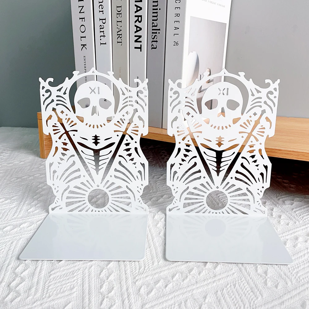 White Skull Bookends Metal Craft Bookends Non-Slip Heavy Duty Bookends Gift for Book Lovers Desktop Office Supplies Iron Bookend 3