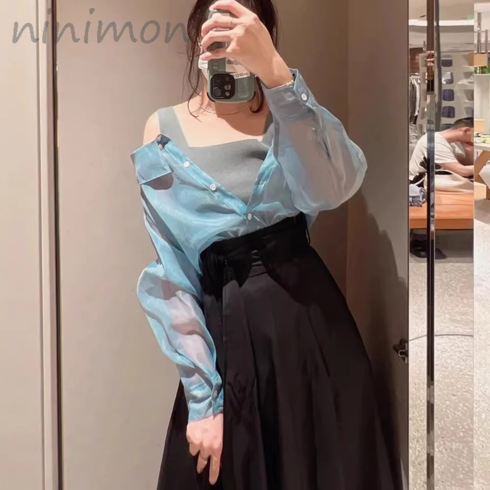 

NINIMON Summer Knit Vest Top+ Transparent Shirt Two-Piece Set Solid Slim Thin Sun Protection Jacket Inner Bottom Coat T-shirt