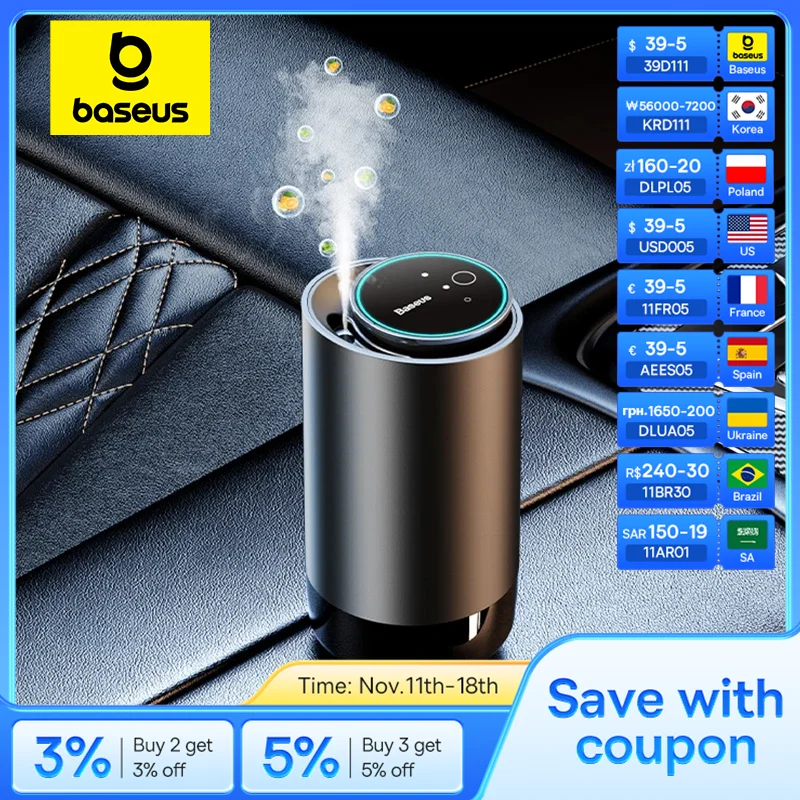 Baseus Car Diffuser Humidifier Auto Air Purifier Aromo Air Freshener With LED Light For Car Aroma Aromatherapy Diffuser air humidifier air freshener air purifier