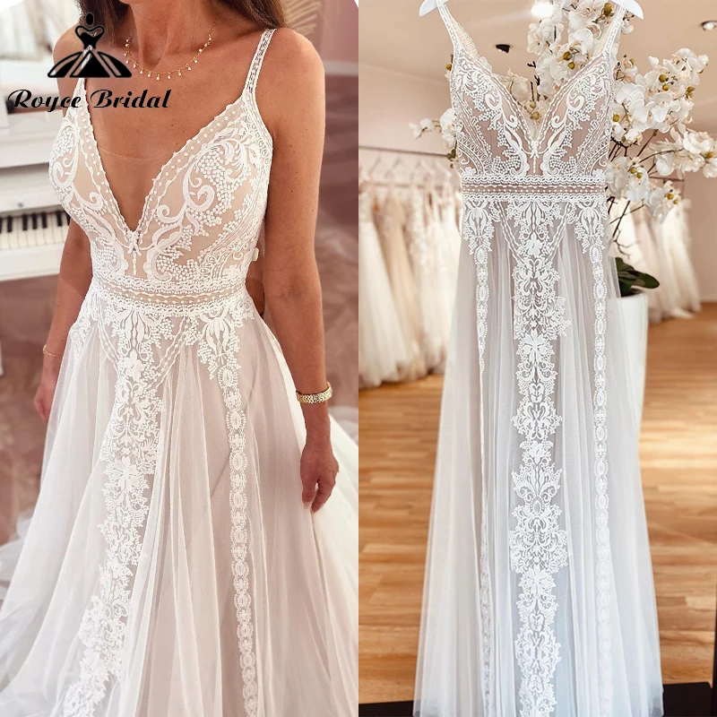 BohoALineWeddingDressForWomenSexyVneckSpaghettiStraps