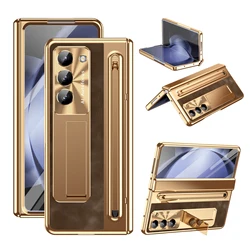 Luxury PU Leather Phone Case with Glass Film, Pen Slot & Stand for Enhanced Hinge Protection (Gold Brown)