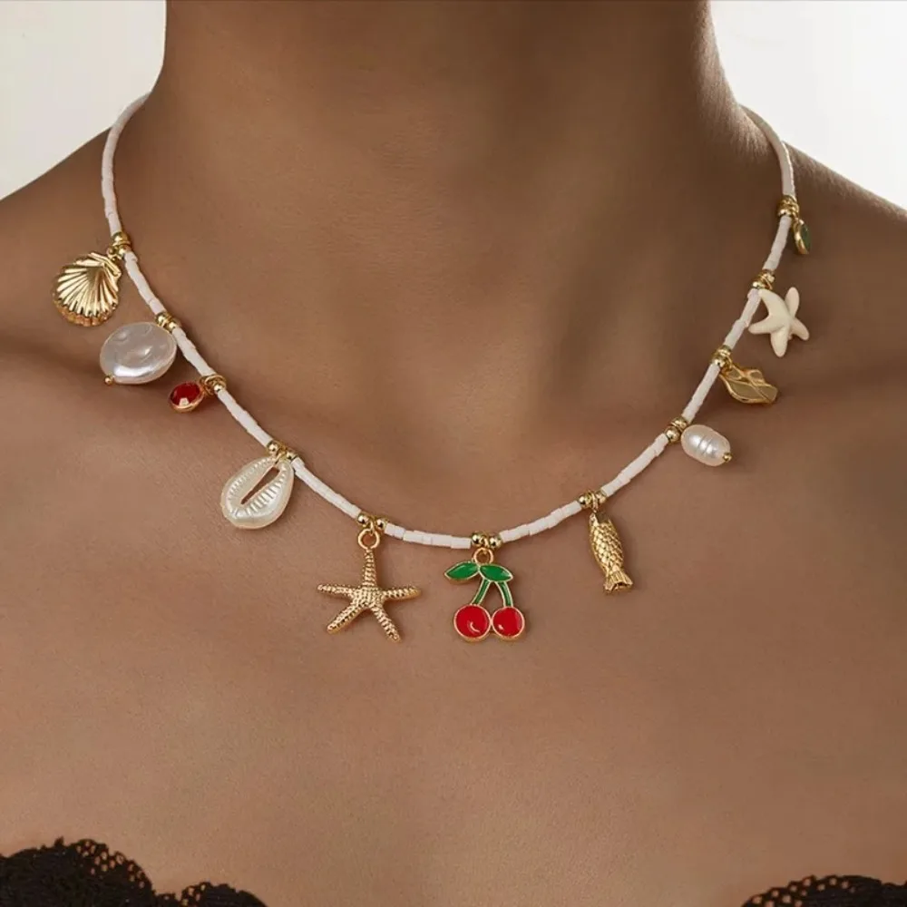 Boho Sweet and Cute Cherry Chili Pendant Necklace Fruit Cherry Strawberry Charms Necklace for Women Ocean Beach Jewelry Gifts