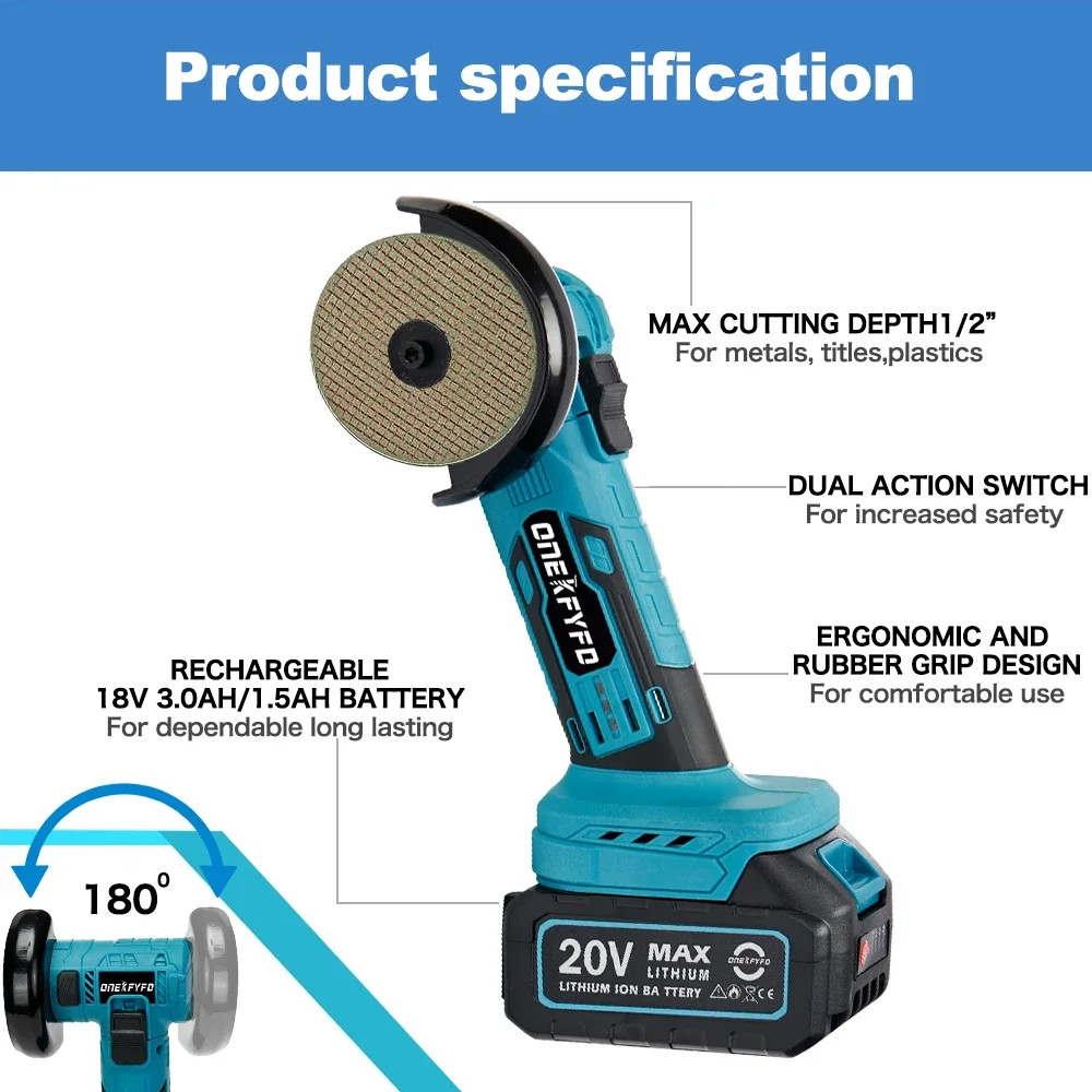 Brushless Mini 3inch Electric Angle Grinder Rechargeable 180&deg; Rotation Polishing Machine For 18V Makita Battery