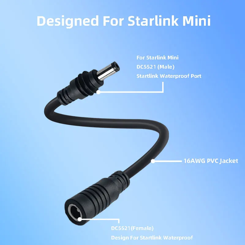 High Quality Outdoor Waterproof DC Male to DC Female Connector for Starlink Mini Extension Cable 16AWG Black